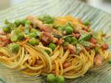 Poêlée de spaghettis aux petits pois, lardons