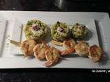 Brochettes de gambas marinees au curry, fondant de courgettes et sauce coco ( recette de l atelier des chefs)