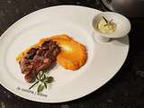 Epigramme d' agneau grille aux herbes, creme d' ail et puree de carottes ( recette de l atelier des chefs)