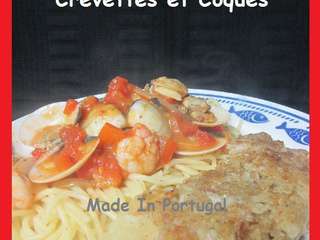 (Portugal) Spaghettis aux Palourdes, Crevettes et Poivrons