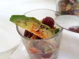 Verrine maquereau et avocat, vinaigrette citron vert, miel et griottes