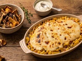 Gratin de macaroni onctueux, champignons séchés et jambon