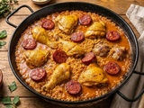 Paella d’Alicante généreuse : poulet, lapin, chorizo