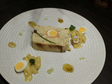 Terrine de colin au saumon fumé et oeufs de caille, mayonnaise à la moutarde aux salicornes Rivesaline