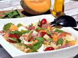 Salade farfalle, melon, mozzarella, jambon de parme