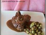 Cuisses de canard braisees, petites feves, sauce cacao