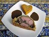 Feuilleté d'épaule d'agneau de lait farcie, flan de potiron au jus de truffe et foie gras