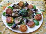 Langue d'agneau braisée, croquette de p de terre,  artichauts et épinards, vinaigrette