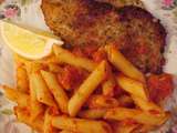 Escalopes de veau Viviane à la panure délicieuse accompagner de penne sauce tomates aux herbes