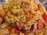 Fusilli aux saucisses, aux poireaux, parmesan et tomates