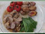 Rôti de veau aux champignons, tomates confites, petites rattes soufflees