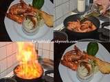 Gambas flambées au whisky, purée de navets, mousseline de topinambours et chips de panais