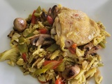 Chou vert, poivron et poulet