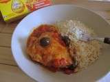 Poulet basquaise et son riz blanc et coeur aux fruits rouges