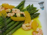 Fricassée d'asperges vertes aux crevettes, caramel à l'orange