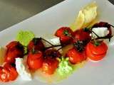 Tomates confites et fracies, mozzarella de Bufflone, espuma basilic et Glace à l'huile d'olive