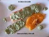 Saumon au the matcha, melon confit