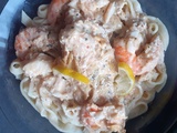 Tagliatelle au dos de cabillaud et crevettes à la crème