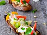 Tartines aux tomates sur compotée d’aubergine au citron et sauce Ail & fines herbes