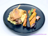 Canard confit, purée de panais et légumes racines au four