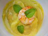 Ravioles de gambas, sauce curry coco, emincé de mangue et pomme granny