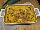 Gratin de cabillaud aux poireaux, chorizo et curcuma