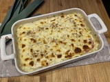 Gratin de ravioles aux poireaux, jambon et mozzarella