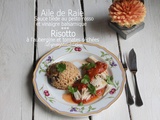 Aile de raie sauce tiède au pesto rouge et vinaigre balsamique et risotto à l'aubergine et tomates séchées