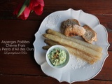 Asperges poêlées, crème de chèvre frais au pesto d'ail des ours