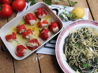 Bouchées de thon frais aux poivrons marinés et duo de spaghetti à la grémolata