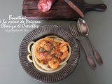 Bucatini à la crème de poivron, chorizo et crevettes