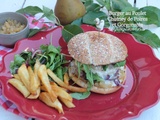 Burger au poulet, chutney de poires et gorgonzola