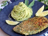 Escalope viennoise en croute d'herbes, spaghetti au pesto de petits pois