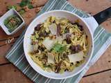 Tagliatelles au pesto de feuilles de céleri et confit de canard