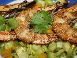 Gambas au sésame sur sa salade de fenouil mangue avocat aux herbes fraiches