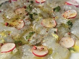 Carpaccio de gambas aux radis roses & citron