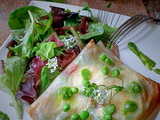 Feuilleté gourmand aux petits pois, fèves et fromage de chèvre frais