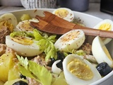 Salade de pommes de terre au thon, œufs durs, céleri & olives noires