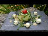 Fleurs de concombre, tomate cerise, boursin en vinaigrette