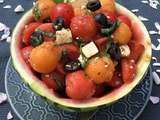 Salade de pastèque melon feta olive tomates cerise et basilic