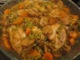 Frango Estufado com Cenouras, Ervilha e Cogumelos / Poulet Etuvée avec Carottes, Petits Pois et Champignons