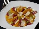 Carpaccio d'orange, magret fumé et parmesan