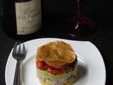 Millefeuilles de tartare de thon vanillé, gelée d'orange, crème d'avocat et tomates confites. Gagnez une bouteille de Champagne