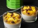 Panna cotta au lait de coco, confiture mangue passion, touche chocolatée