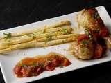 Poulet et asperges, saveur orange, miel, tomate et coriandre