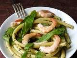 Zita au pesto de coriandre, citronnelle, crevettes et haricots plats