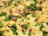 Farfalles aux petits pois, lardons et champignons