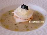 Millefeuille de radis noir au crabe sauce cocktail whisky, soupe froide de fenouil, granité de whisky, caviar