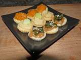 Canapés feuilletés de patate douce, houmous-concombre et purée d'amandes-feuilles de blettes