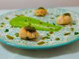 Saint-Jacques, purée de petits pois, pesto à la menthe